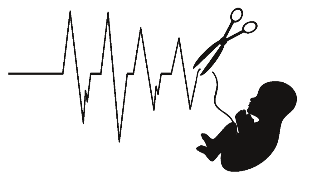 Heartbeat line being cut by scissors above a fetus silhouette