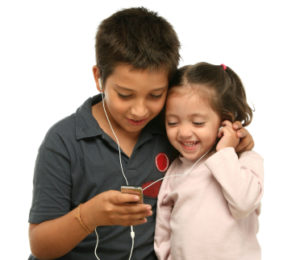 Brother and sister sharing a mp4 player
