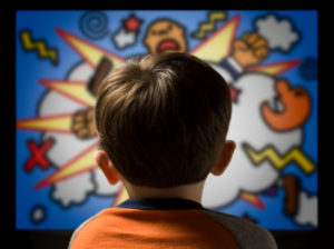 A preschooler watching violent cartoons on television. Note: The screen image is my own creation projected through the TV.