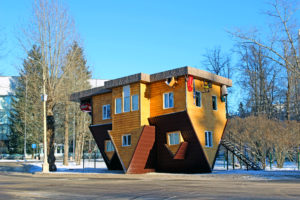 MOSCOW – JANUARY 28: Upside down house in the Russian Exhibition Center on January 28, 2014 in Moscow