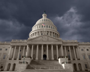 Dark sky over the United States Capitol building in Washington DC.